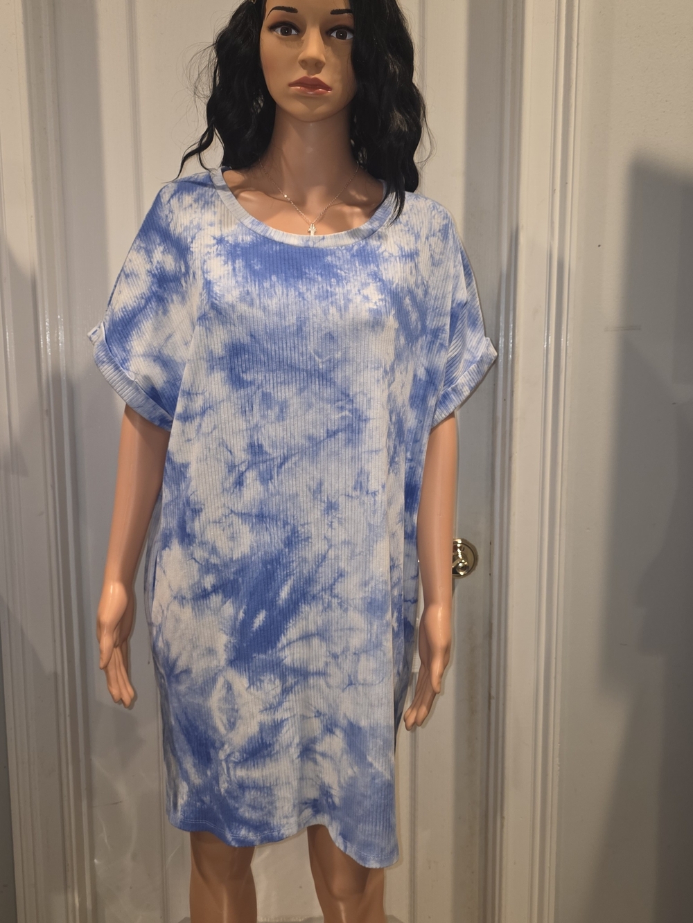 Umgee Blue & White Tie-Dye Ribbed Tunic Dress